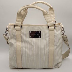 Cerruti 1881 Summer White Striped Fabric and Leather Shoulder Bag